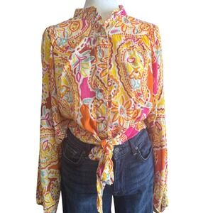 Rachel Zoe Paisley Tie Front Crop Blouse Boho Rayon Top S